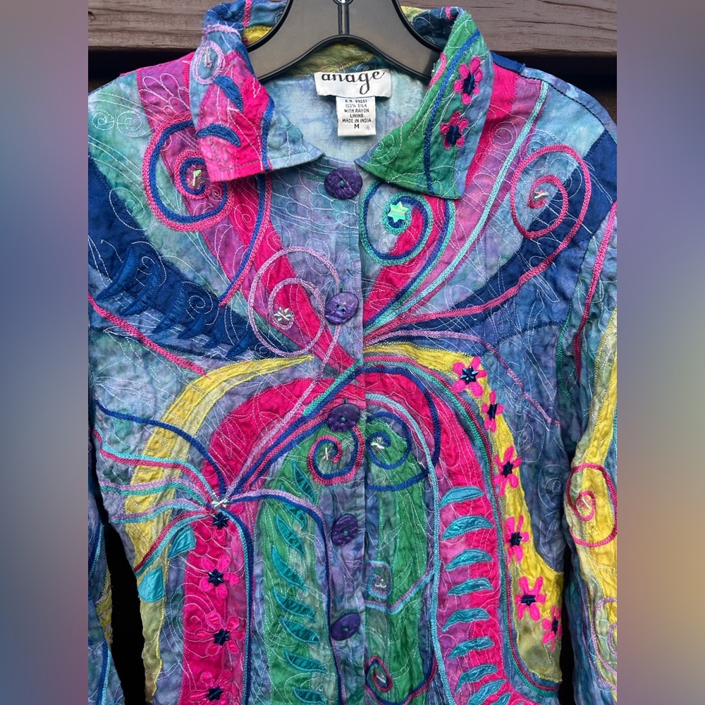 VINTAGE ANAGE Silk Appliqué Patchwork Jacket Lagenlook Art Wear 90s Funky Size M - Picture 10 of 16